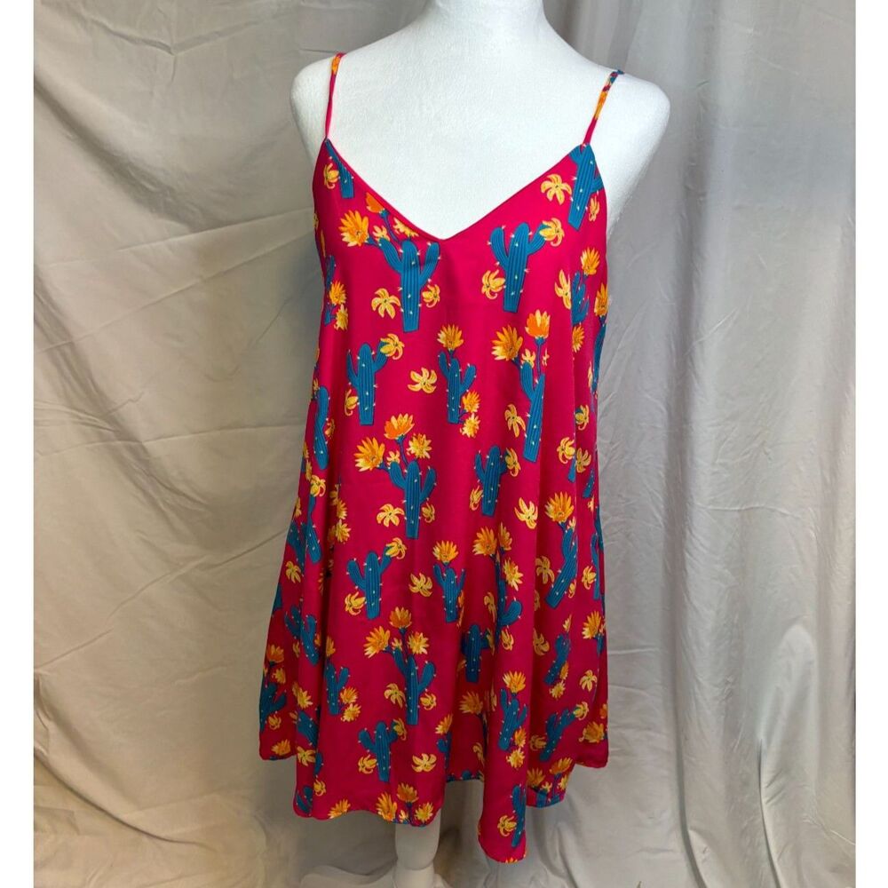 Peach Love California Pink Cactus Print Mini Swing Dress Pockets Boho Womens - Picture 1 of 7